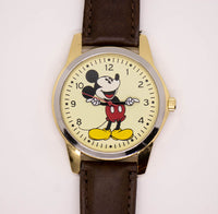 Zweifarbige große 42 mm Mickey Mouse Uhr Brauner Riemen