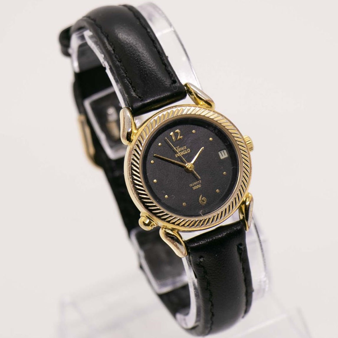 Vintage 90s Timex Indiglo black dial gold tone ladies dress Watch NEW BATTERY Ladies Gold Tone Timex Indiglo CR1216 Cell Stretch Band 30  main image 3