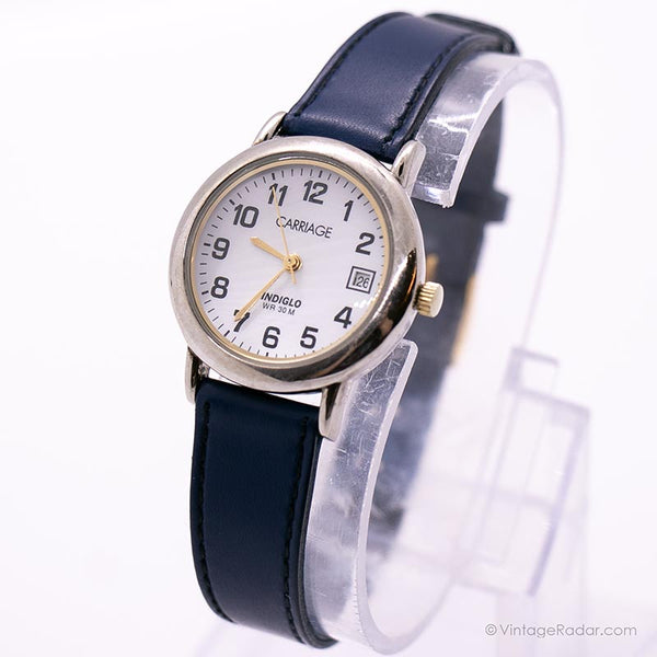 Vintage Silver-Tone-Wagen von Timex Uhr Für Damen mit dunkelblauem Gurt