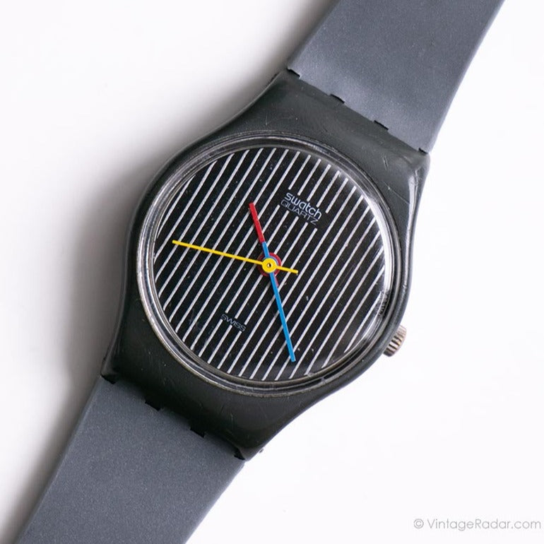 Swatch GA102 pinstripe red hands mens quartz watch 1985