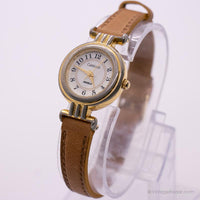 Vintage Carriage Quartz Watch For Women with Brown Leather Strap