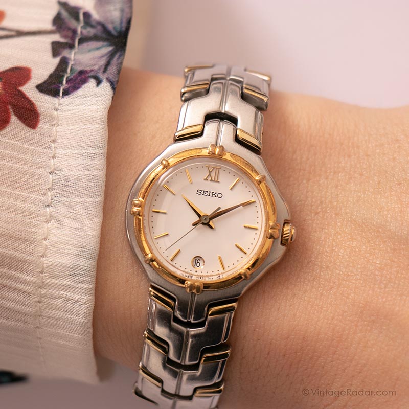 Vintage 90s Seiko V782-6E70 R1 Watch | Elegant Two-tone Occasion
