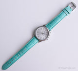 Vintage 35 mm Silber-Ton Timex Quarz Uhr mit blauem Lederband