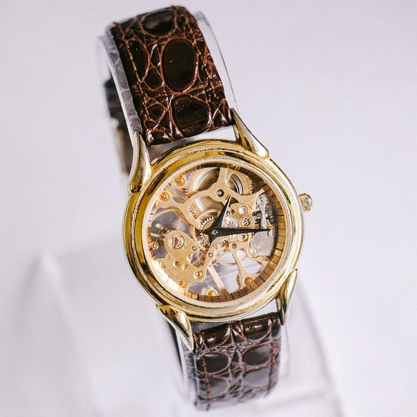 Rare Gold-tone Skeleton Mechanical Watch | Luxury Brown Leather Belt - Vintage Radar