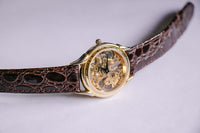 Rare Gold-tone Skeleton Mechanical Watch | Luxury Brown Leather Belt - Vintage Radar