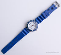 Tono d'argento vintage Timex Orologio al quarzo indiglo con cornice blu e cinturino