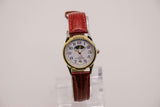 Vintage Moon Phase Quartz Watch for Ladies with Red Leather Strap