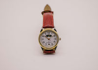 Cuarzo de fase lunar vintage reloj para damas con correa de cuero rojo
