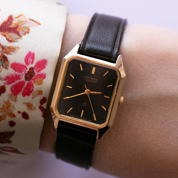 Vintage Orient Gold-tone Watch | Black Dial Rectangular Watch for Her
