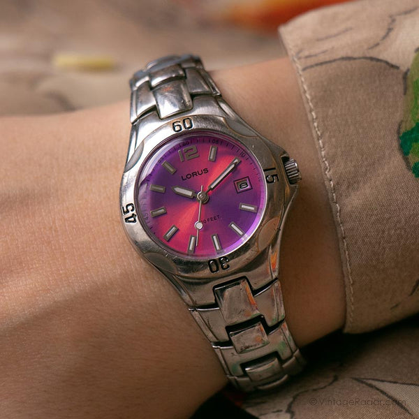Vintage Silber-Ton Lorus Uhr für sie | 90S Pink Dial Armbanduhr