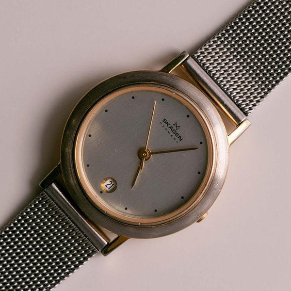 Tono plateado vintage Skagen reloj | Skagen Cuarzo de fecha de Dinamarca reloj