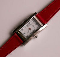 Vintage Rectangular Silver-tone Anne Klein Watch with Red Leather Strap