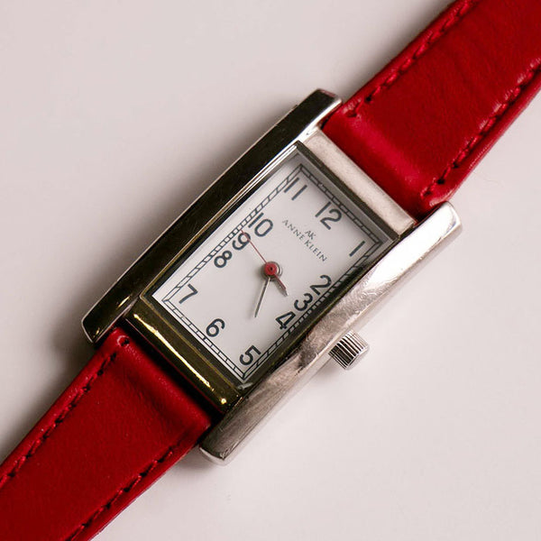 Vintage Rectangular Silver-tone Anne Klein Watch with Red Leather Strap