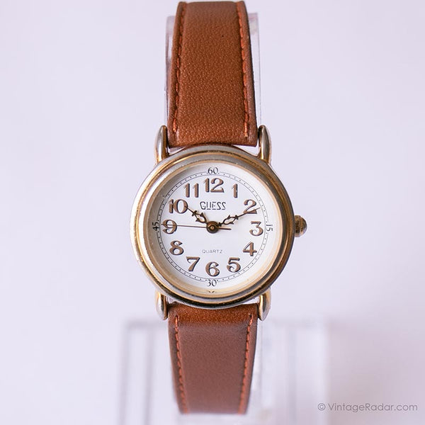 Vintage Gold-tone Guess Watch for Ladies with Brown Leather Strap