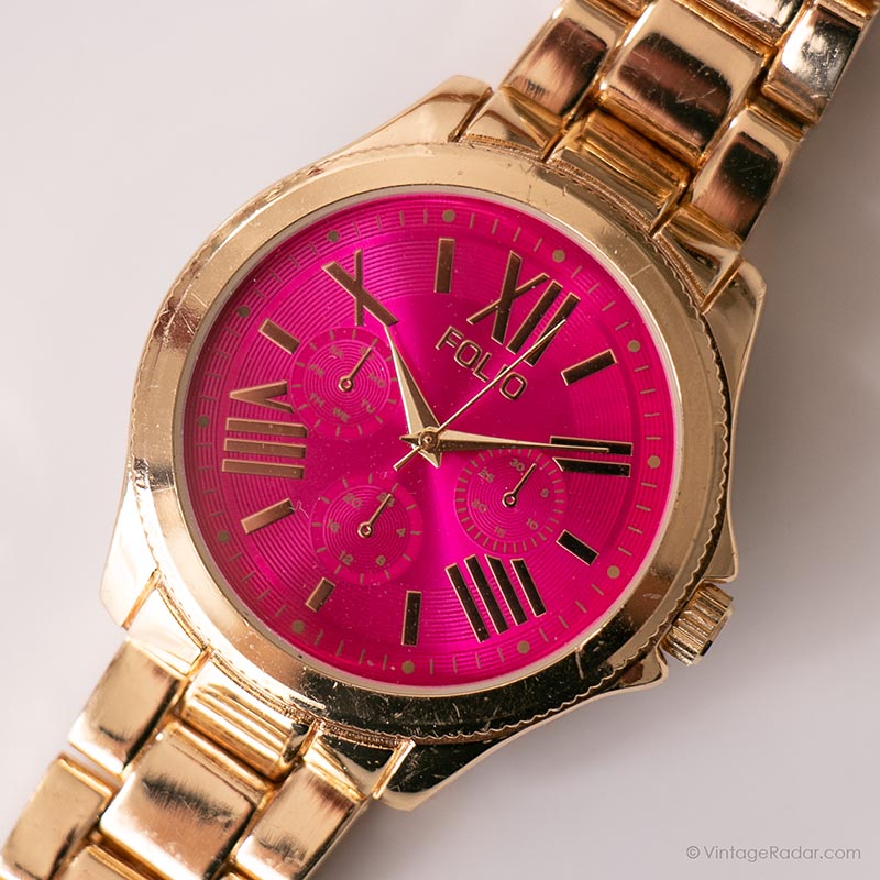 Vintage Large Folio by Fossil Watch | Pink Dial Gold-tone  display picture 3