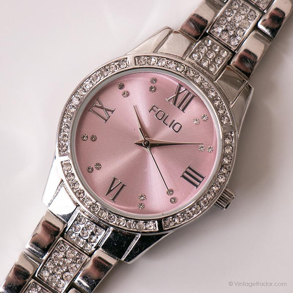 Vintage Folio -Kleid Uhr für Damen | Rosa Zifferblatt Uhr mit Kristallen