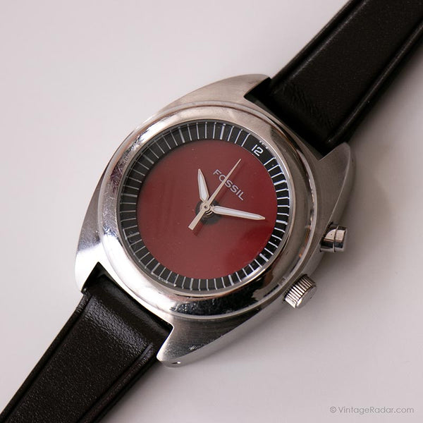 Vintage Silver-Tone Fossil Uhr | Rotes Zifferblatt Uhr für Damen