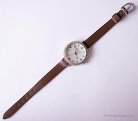 Vintage Silber-Ton Kenneth Cole Damen Uhr mit Edelsteinen und braunem Riemen