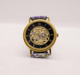 Vintage Floral Skeleton Gold-Tone Watch for Women Arabic Numerals