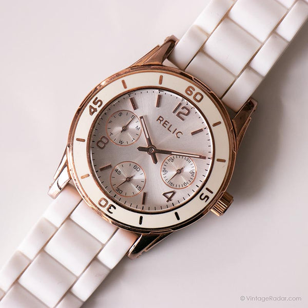 Gold de rose vintage montre par Relic | Date de numérotation blanche montre pour femme