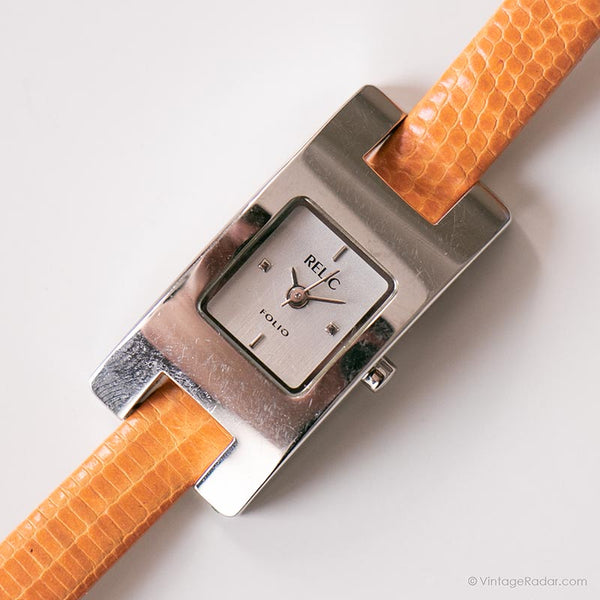 Vintage Rechteck Relic Uhr | Orange Lederband Uhr für Sie