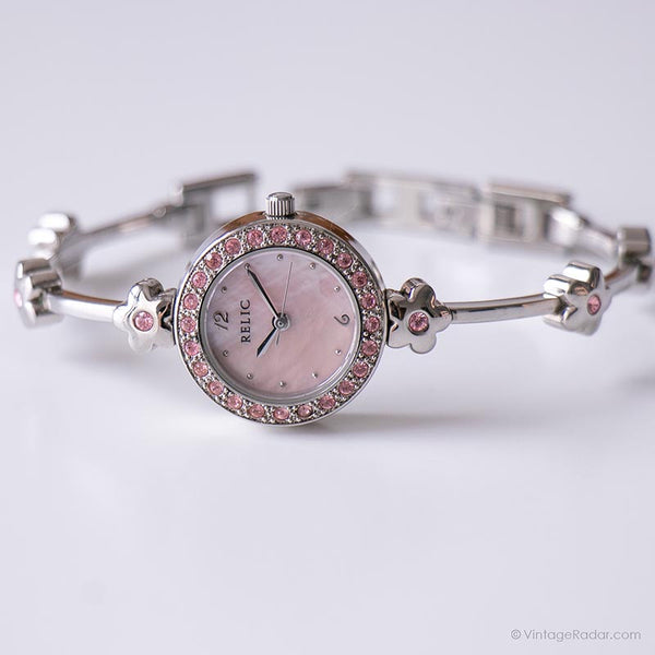 Vintage Pink Relic Floral Watch | Pearly Dial Wristwatch for Women