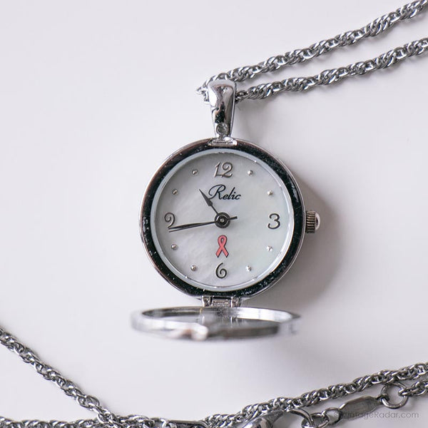 Vintage Relic Medallion Watch | Ladies Pearl Dial Pink Necklace Watch