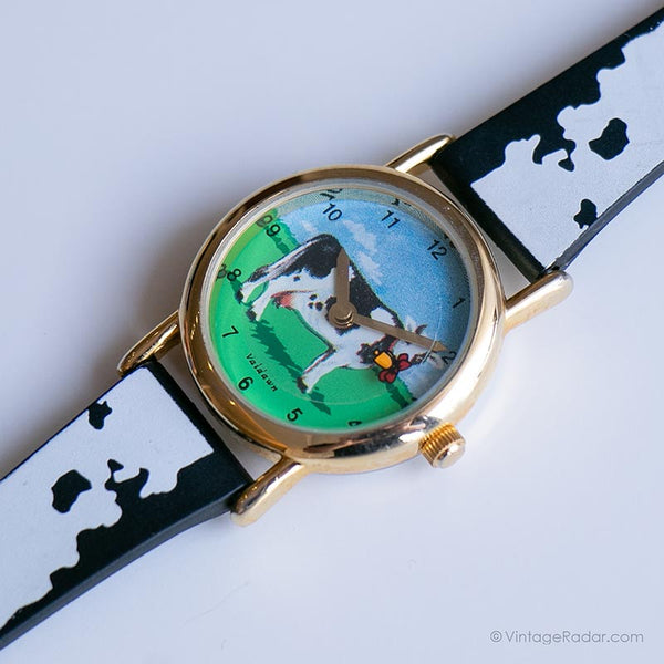Vintage Gold-Tone Valdawn montre | Montre-bracelet à imprimé vache