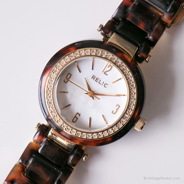 Dial de perlas vintage reloj por Relic | Moda marrón reloj con cristales