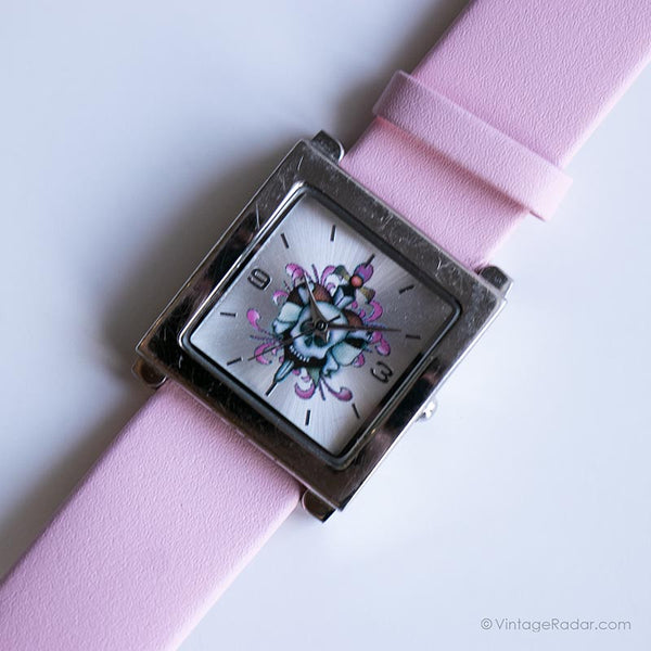 Vintage Pink Skull Watch for Her | Silver-tone Rectangular Wristwatch