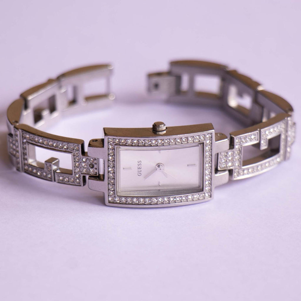 Guess Silver-Tone Crystal Tank-Style Bracelet Watch Rectangular Y2K Aesthetic Vintage Rectangular Silver-tone Guess Watch with Chain  main image 3