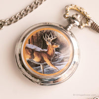 Bolsillo de ciervo vintage reloj | Bolsillo de naturaleza de tono plateado reloj