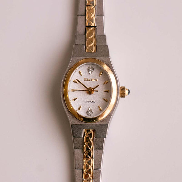 Vintage dos tonos Elgin Cuarzo de diamante reloj para mujeres | Diminuto Elgin reloj
