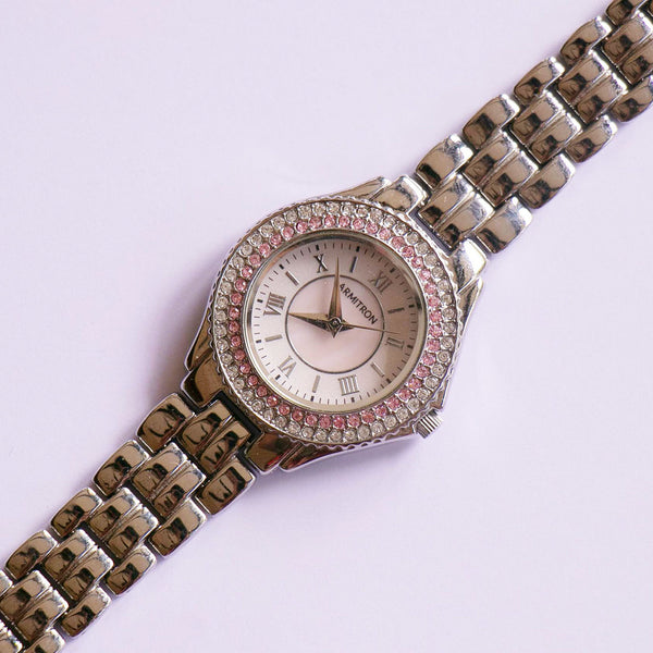 Tono plateado Armitron reloj con gemas rosadas | Damas elegantes reloj
