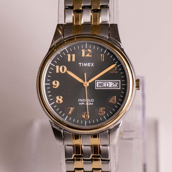 Vintage Black-Dial Timex Indiglo Day & Date Quartz Watch for Men