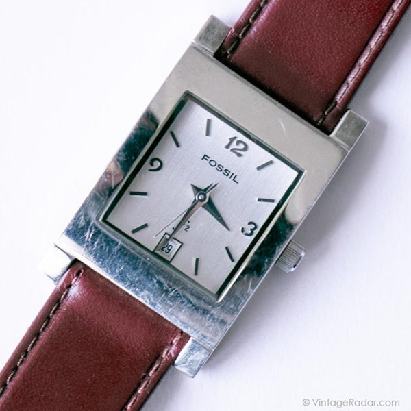 Vintage Rectangular Fossil F2 Date Watch with Burgundy Leather Strap