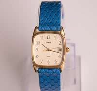 Rectangular Gold-tone Timex Quartz Watch with Blue Leather Strap Vintage