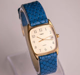 Tone d'or rectangulaire Timex Quartz montre avec sangle en cuir bleu vintage