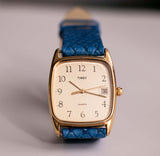 Rectangular Gold-tone Timex Quartz Watch with Blue Leather Strap Vintage