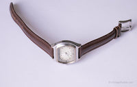 Retro Silver-tone Rectangular Relic Watch for Ladies with Brown Strap