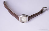 Retro Silver-tone Rectangular Relic Watch for Ladies with Brown Strap