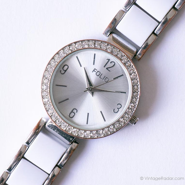 Folio de tono plateado vintage de Fossil reloj para mujeres con piedras preciosas blancas