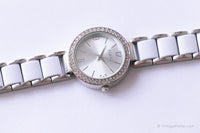 Vintage Silver-Tone Folio von Fossil Uhr Für Damen mit weißen Edelsteinen