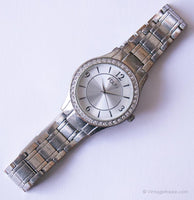 Vintage Silver-Tone Folio Uhr für Frauen mit weißen Steinen