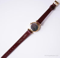 Vintage Black-Dial Gold-Tone Fossil Damen Uhr mit römischen Ziffern