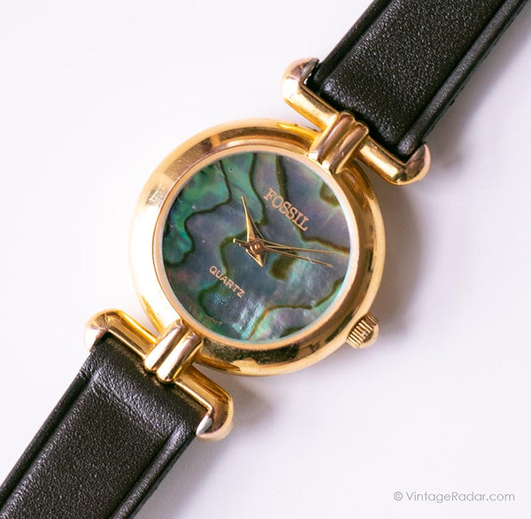 Jahrgang Fossil Quarz Uhr Mit Marmoreffekt -Zifferblatt und braunem Lederband