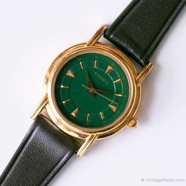 Vintage Green-Dial Fossil Uhr für Frauen | Goldton-Quarz Uhr
