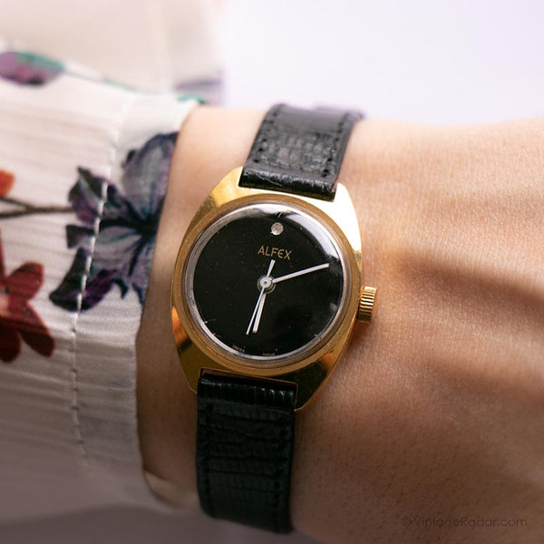 Hecho por suética vintage Alfex Mecánico reloj para mujeres con dial negro