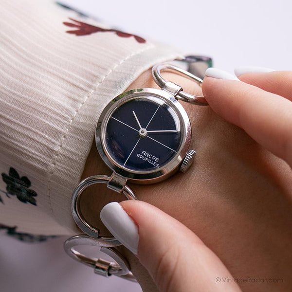 Ancre Goupilles Vintage Uhr mit blauem Zifferblatt 70er Jahre