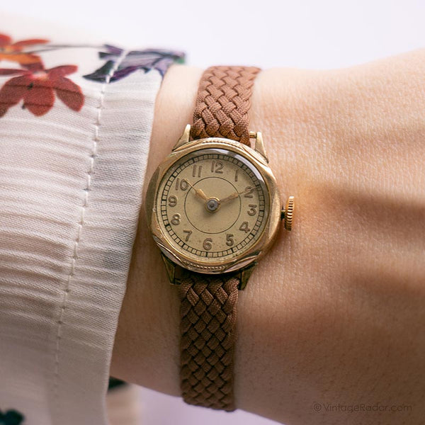 Seltene 1960er Jahre Vintage Gold-plattiertes Deutsch der Frauen Uhr mit gelbem Zifferblatt